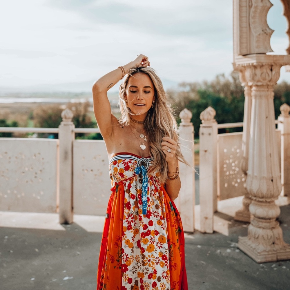 Free People Vibrant Floral Maxi Skirt - Orange, Blue, White